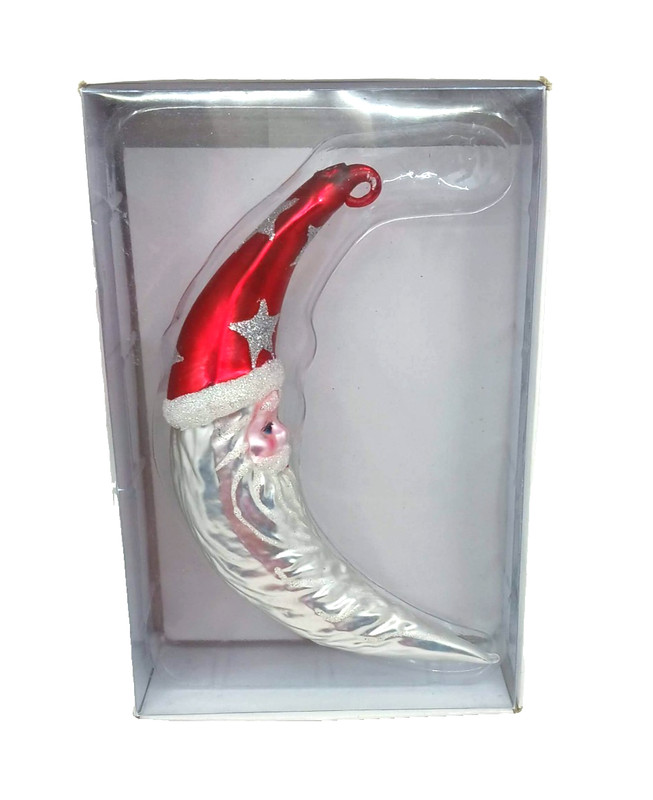 Vtg 1998 Dept 56 Christmas Ornament 6.5 in Crescent Moon Santa Mercury Glass IOB