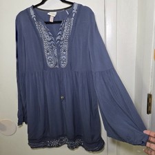 Knox Rose Dress Small Blue Embroidered Boho Peasant Mini Dress Long Sleeve