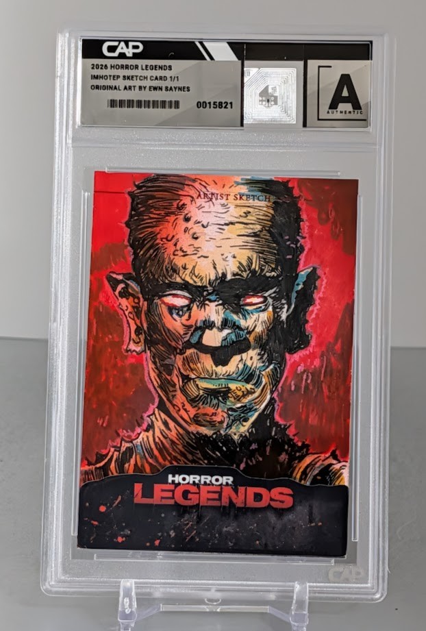 Tarjeta de boceto de obras maestras de leyendas de terror 1/1 Imhotep la momia firmada por Ewn Saynes