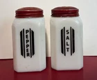 Vintage Milk Glass Salt & Pepper Shakers | Red Metal Lids | Art Deco Style