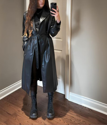LG1440 Handmade 90s Gothic Sheepskin Leather Trench Coat Women's Long Overcoat