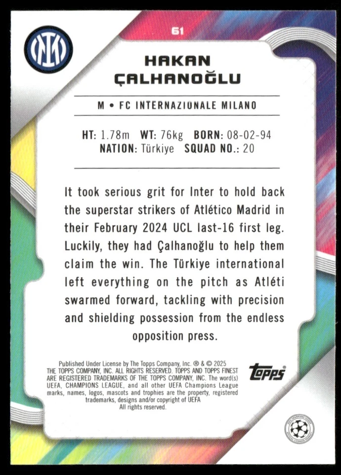 2024 FINEST UEFA CLUB COMPETITIONS HAKAN CALHANOGLU INTER MILAN #61 - Image 2 of 2