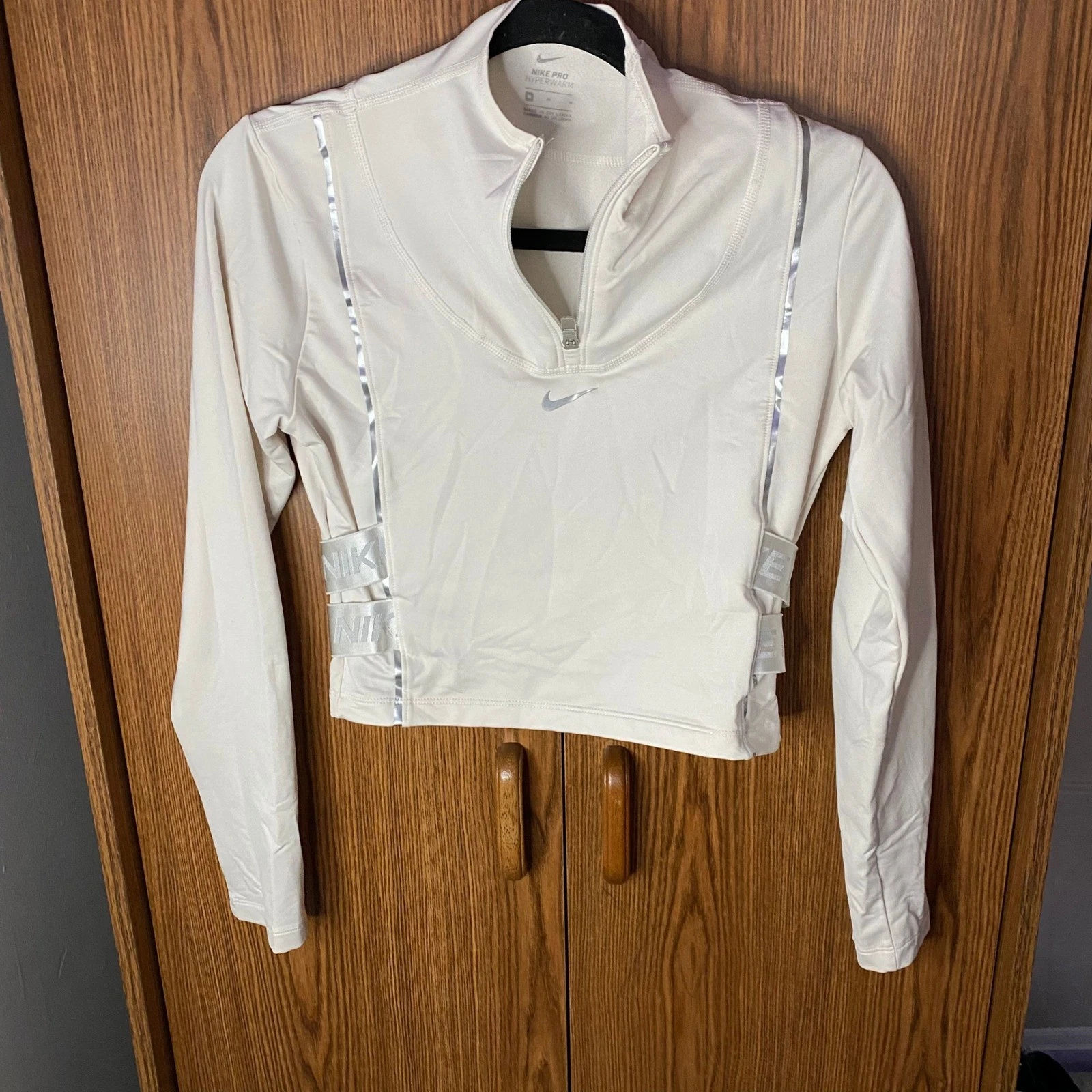 Nike Pro Hyperwarm Quarter Zip Women M White Silver Reflective Crop Top