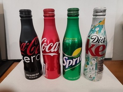4 Aluminum Bottle Coca Cola Diet Coke Sprite C zero Collectible 8.5oz 2016 Full.