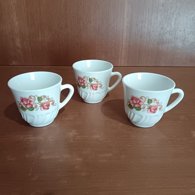 Arcopal Kaffeetassen Dekor Arabesken Rosen, Vintage, Spindel, gezackt
