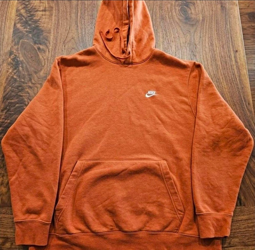 Nike Men's XL Orange Solid Fleece Cotton Pullover Hoodie Logo Pockets