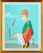 Jean-Pierre Clement Huile sur Toile Portrait Lyrique Personnage Oiseaux