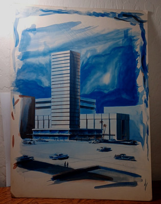 1960's Org Watercolor Desing Rendering Commercial Mulit Story Complex RRGTS
