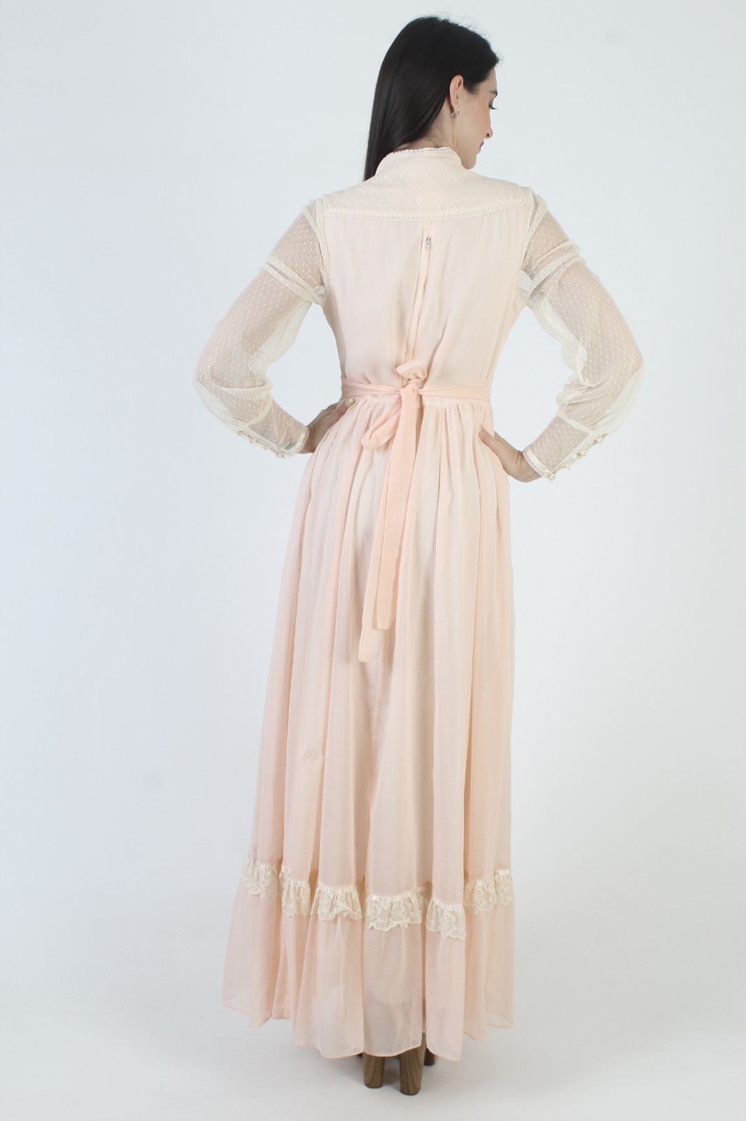 Vintage 70s Peach Gunne Sax Dress Lace Up Corset Prairie Wedding Gown Sz 11