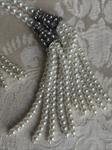 Park Lane 3” Faux Pearl Tassel Earrings & Slip Knot Lariat Antique Silver Tone - Picture 3 of 20