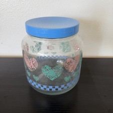 Vintage AGC Glass Canisters - Sponge Paint Hearts & Checkerboard Design Blue Lid