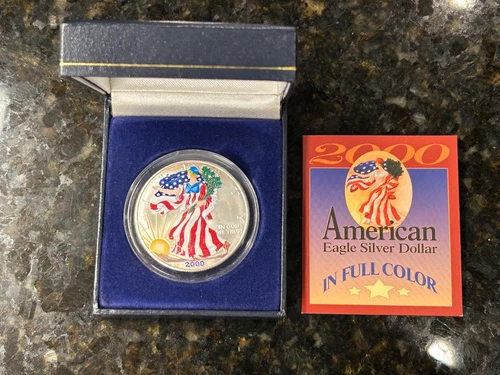 2000 American Eagle SILVER Dollar Colorized, Uncirculated 1 oz SILVER in box COA