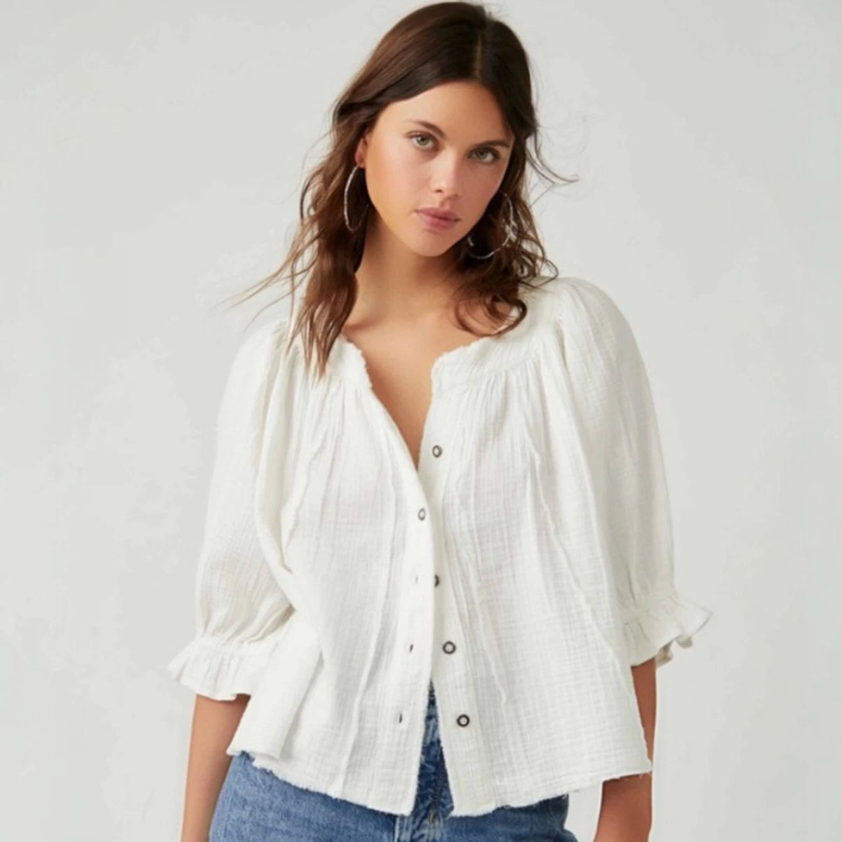 Blouse Funky People Manches Cloche, Bleu Unie, Brodée, Taille M, Neuve Sans étiquettes