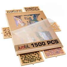 Jumbl 1500-Piece Rotating Puzzle Board with Drawers, Lazy Susan & Cover