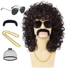 70s 80s Mens Black Wig Glasses Golden Chain Mustache Wig Cap Long Curly Synth...