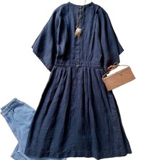 Nest Robe Linen Band Collar Flare Dress Dark Navy -Shipping from Japan