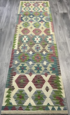 Handarbeit Kelim Läufer Wolle Naturfarben Afghan Traditionell 296x84cm