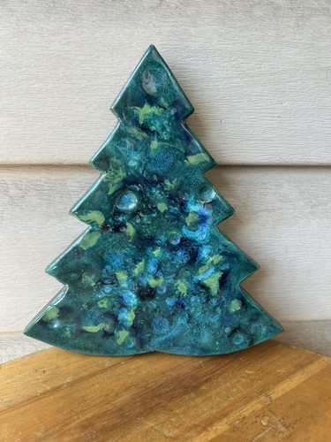 Vintage Green Evergreen Tree Art Pottery Trivet Tray Dish 8" Signed