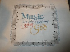 Finished Cross Stitch MUSIC IS A FAIR & GLORIOUS GIFT OF GOD 8" x 8"