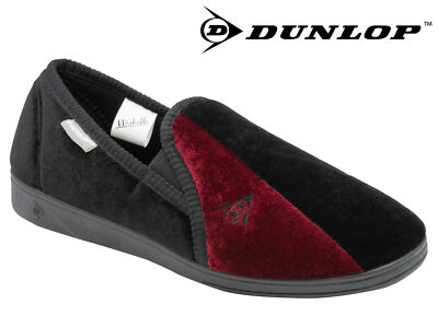Herren Dunlop volle Hausschuhe Velour zweifarbig Doppelzwickel bequem warm schwarz burgundisch