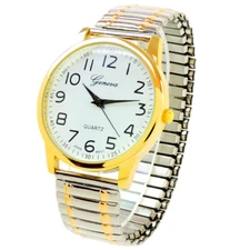 2Tone Large Size Face Easy to Read Geneva Stretch Band Watch