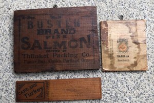 3 vintage wood box pieces showing product advertising