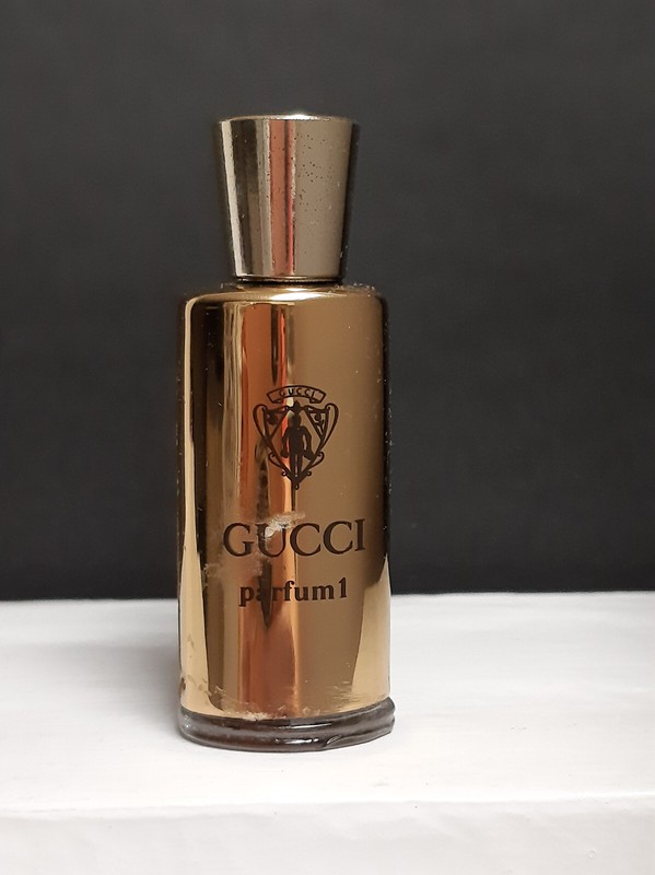 Mini Gucci Parfum 1 by GUCCI Vintage Miniature Perfume Brass Over Glass FULL