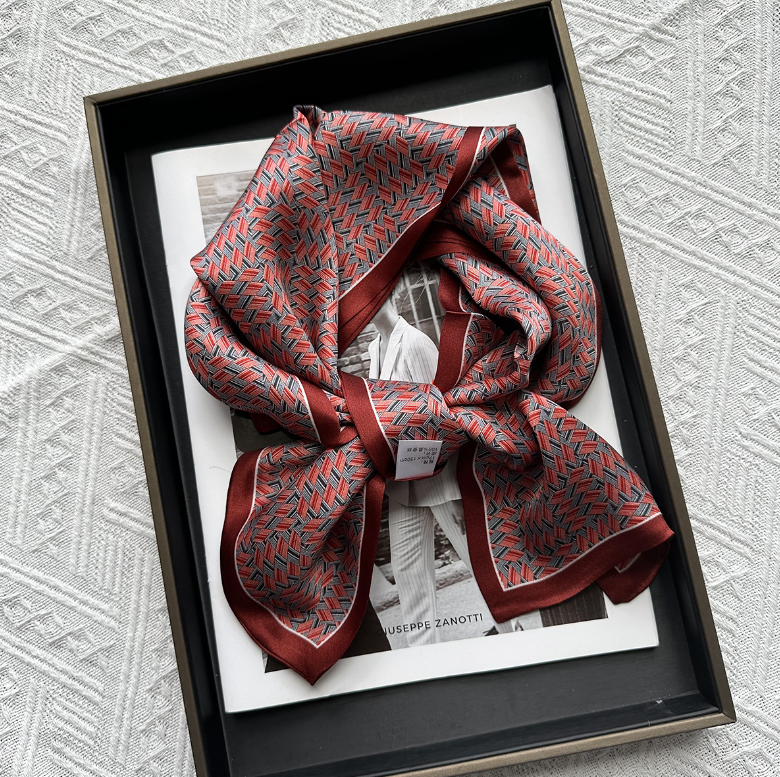 Pure Boutique Double-Layer 100% Silk Scarf Red Geometric Print 145x16cm Ribbon