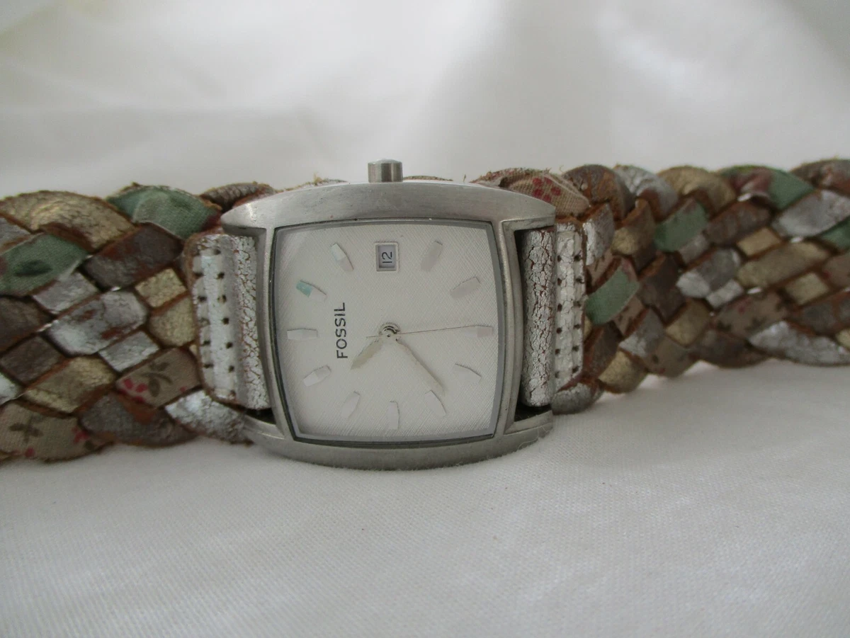 Fossil Watch Silver Tone Colorful Woven Band White Rectangular