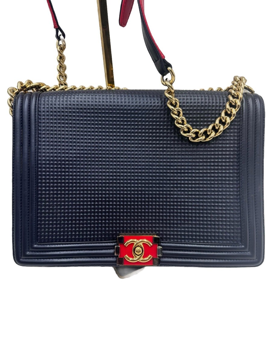 Authentic Chanel Navy Blue Limited Edition Boy Flap Large New Cube