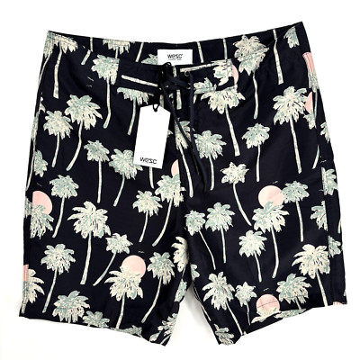 WESC Zander AOP Men's Boardshorts Black Palm Trees Size Medium Swim Trunks NWT