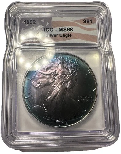 1992 American Silver Eagle ASE💥Monster Toner Toning💥 Straight Grade  ICG MS 68