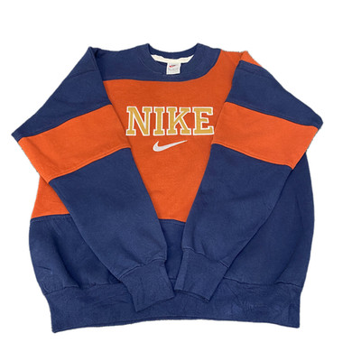 Nike Reworked Sweatshirt Herren M Navy Orange Embroidered Spellout Logo Vintage Y2K