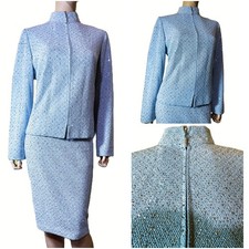 St John Eve Santana Knit Sparkling Bling Ice Blue Skirt Jacket Suit sz 12