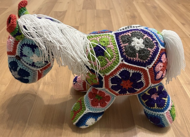 HANDMADE CROCHETED PLUSH HORSE ANIMAL  8”TALL X 15”LONG