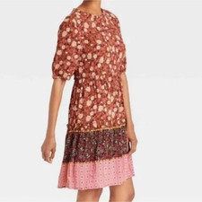 Knox Rose Women's Dress Boho Desert Clay Dress Sz L Hippie Rust Half Sleeve