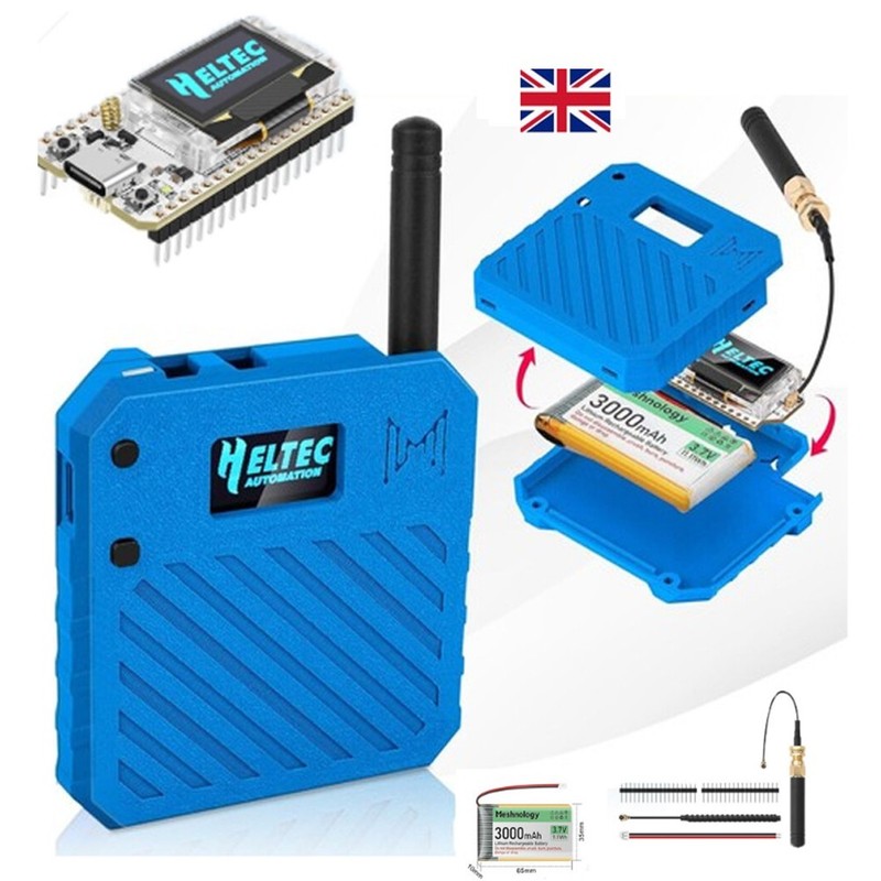 Complete ESP32 LoRa V3 N33 Blue Kit: Dev Board, Battery, Custom Case, 868MHz NEW