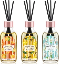 Reed Diffuser Set of 3 Pack, Linen Vanilla Citrus Scented Oil Diffuser with 15 S