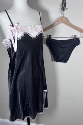 Victoria s Secret Angels Sz L Black Satin Pink Lace Lingerie Slip, NWT Panty Set