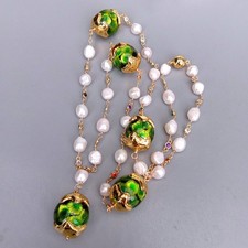 Cultured White Baroque Pearl Cz Pave Rosary Chain Green Murano Glass Necklace