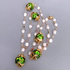 Cultured White Baroque Pearl Cz Pave Rosary Chain Green Murano Glass Necklace