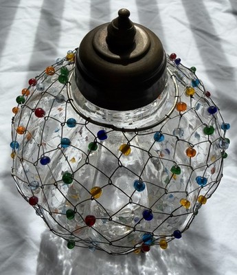 RARE Antique Antique Anglo - Indian Hanging Glass Beaded Bell Jar Lantern Base 
