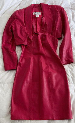 Vintage Firenze Santa Barbara Red Leather Sheath Dress Sexy Knee Length S Set