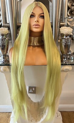 Gelbe Lace Front Perücke lang Luxus Haarperücke mittig eingebaute Kappe sofort tragbar
