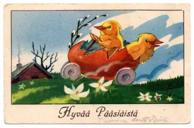 AK - Vintage 1940/50s - CHICKS AND AN EGG CAR - Rare easter postcard!