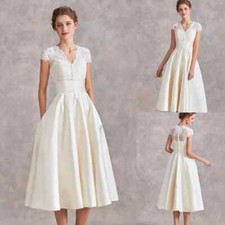 White Wedding Dresses Satin Tea Lengh Short Sleeves V Neck A Line Bridal Gowns