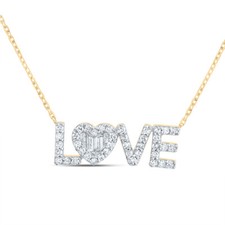 10K Yellow Gold Round  Baguette Diamond Love Heart 18" Necklace Charm 1/3 CT.