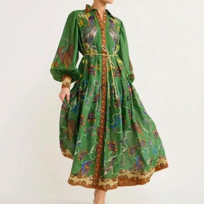 Women Vintage Print Maxi Dress Trend Printed Belt Lantern Sleeve Long Dress Gown