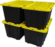 27 Gal. Tough Storage Tote in Black with Yellow Lid and with red lid 4-Pack