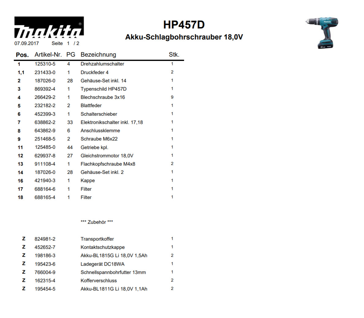 Original Makita® 125485-0 Getriebe für BHP 453 BDF 453 HP 457d DHP 